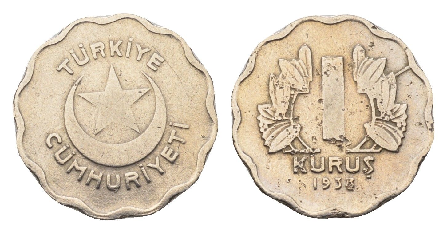 Турция 1 куруш 1938 KM 867 медно-никель 45-449