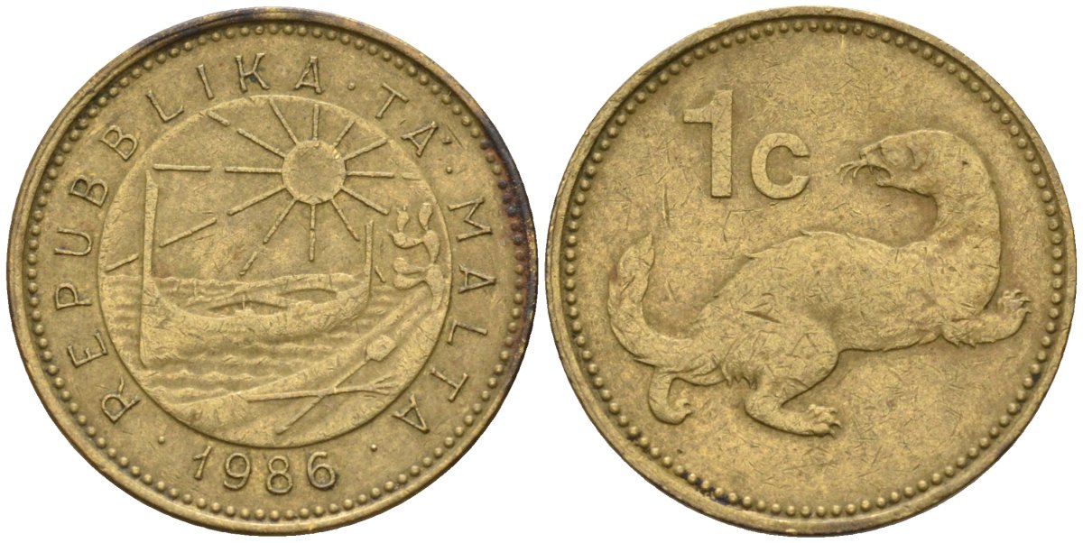 Мальта 1 цент 1986 ласка, горностай KM 78 никель латунь 4585-1135