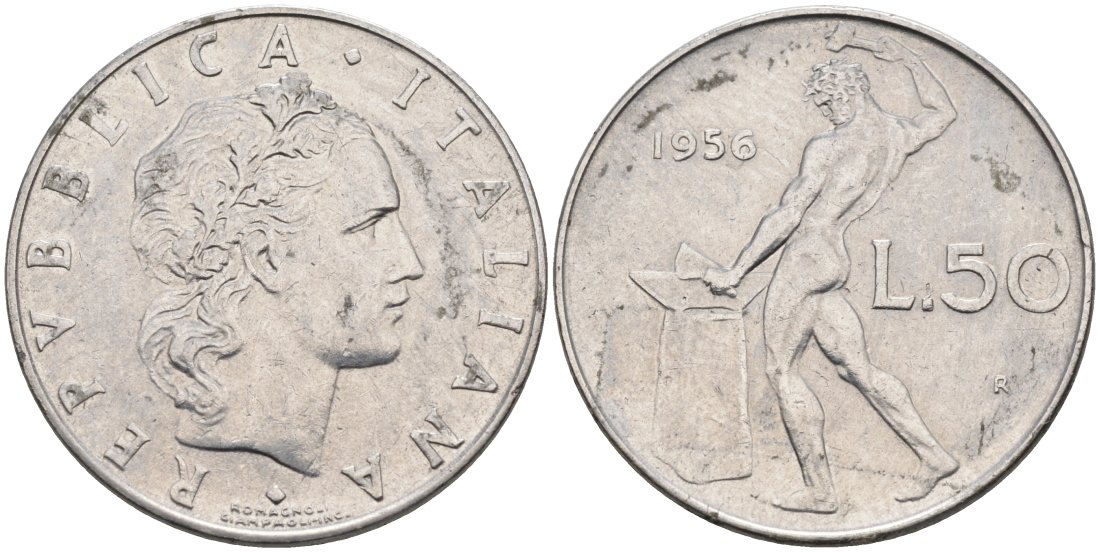 Италия 50 лир 1956 R, бог огня Вулкан у наковальни KM 95.1 нержавеющая сталь 4573-221