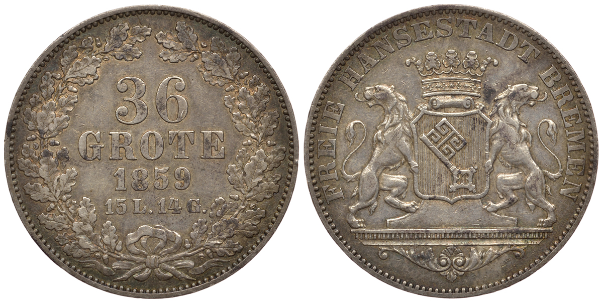 Бремен 36 гротенов 1859 15L. 14G. патина KM 243, Jaeger 21, AKS 1, Kahnt 159 серебро 00-000-00