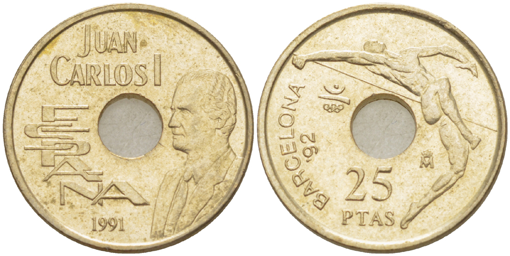 Испания 25 песет 1991 Олимпийские игры в Барселоне 1992 года, прыжки в высоту, Хуан Карлос I (1975-2014) KM 851 никель бронза 216-456