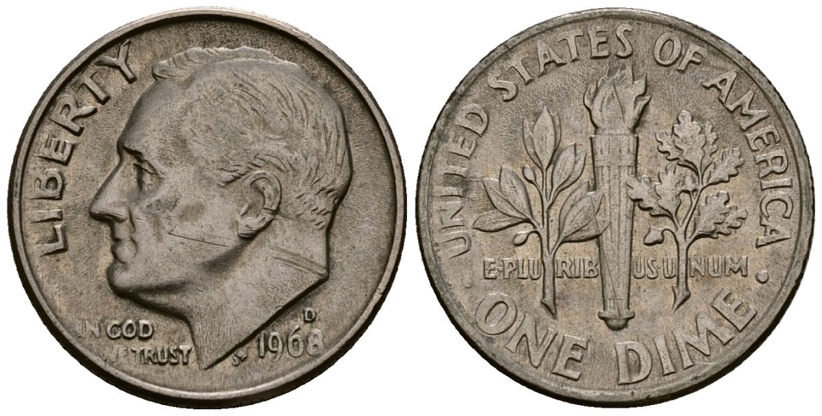 США 10 центов (дайм) 1968 Рузвельт, D KM 195a медь плакированная медно-никелем 4164-942