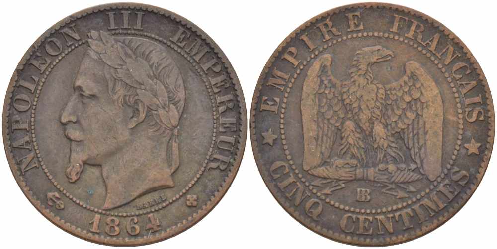 ФРАНЦИЯ 5 САНТИМОВ 1864 BB, НАПОЛЕОН III (1852-1870) KM 797.2, LE FRANC 117.12 бронза 108-557