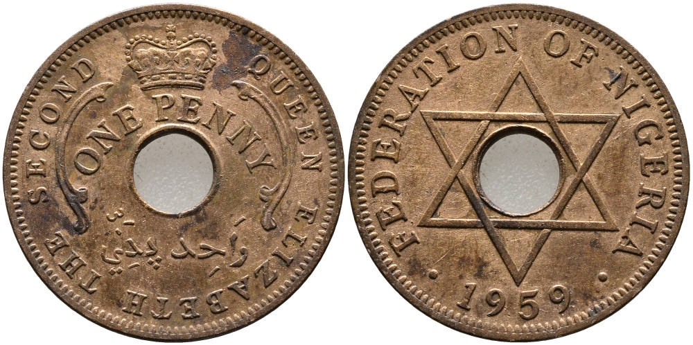 Нигерия 1 пенни 1959 Елизавета II (1952-), Британский протекторат KM 2 бронза 51-1721