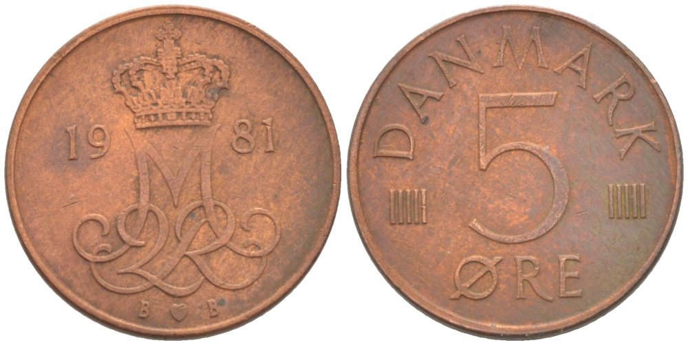 ДАНИЯ 5 ЭРЕ 1981 B; B, МАРГРЕТЕ II (1972-) KM 859.2 железо плакированное медью 3718-347