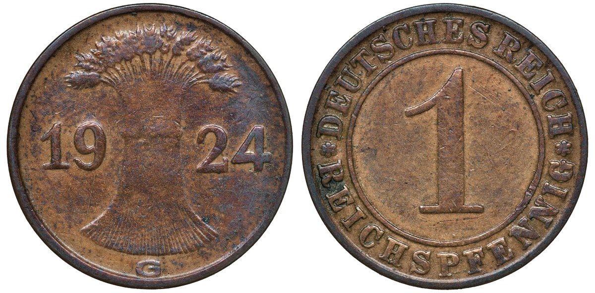 ГЕРМАНИЯ 1 РЕЙХСПФЕННИГ 1924 G KM 37, J.313 бронза 72-1134