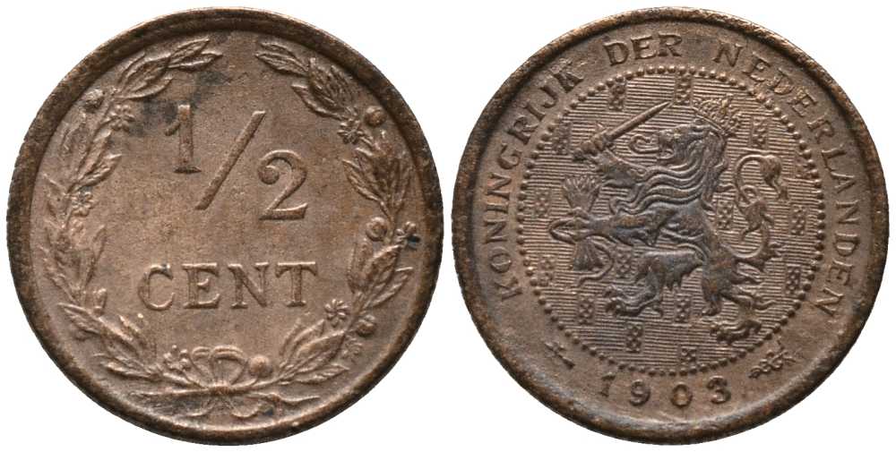 НИДЕРЛАНДЫ 1/2 ЦЕНТА 1903 ВИЛЬГЕЛЬМИНА (1890-1948) KM 133 бронза 116-817