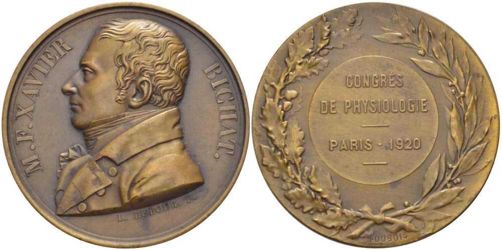 ФРАНЦИЯ МЕДАЛЬ 1920 МЕДИЦИНСКИЙ КОНГРЕСС В ПАРИЖЕ 1920 ГОДА, МАРИ ФРАНСУА КСАВЬЕ БИША (17710-1802) ФРАНЦУЗСКИЙ ВРАЧ И ФИЗОЛОГ, МЕДАЛЬЕР L. DUBOUR, ДИАМЕТР 41 ММ. бронза 1088-2-12