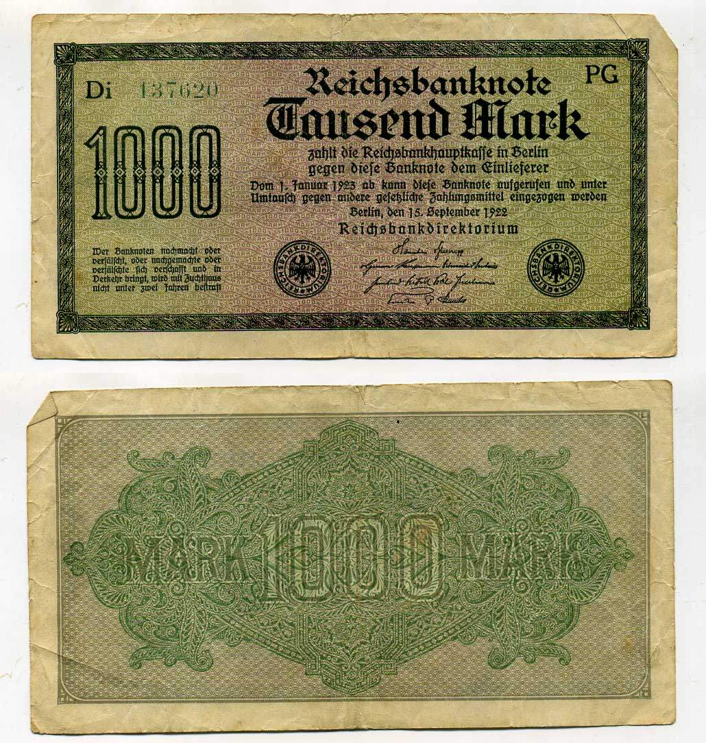 Германия 1000 марок 1922 15 СЕНТЯБРЯ 1922, ВОДЯНОЙ ЗНАК G, БЕЛАЯ БУМАГА Pick 76е бумага 8619-40-1-2