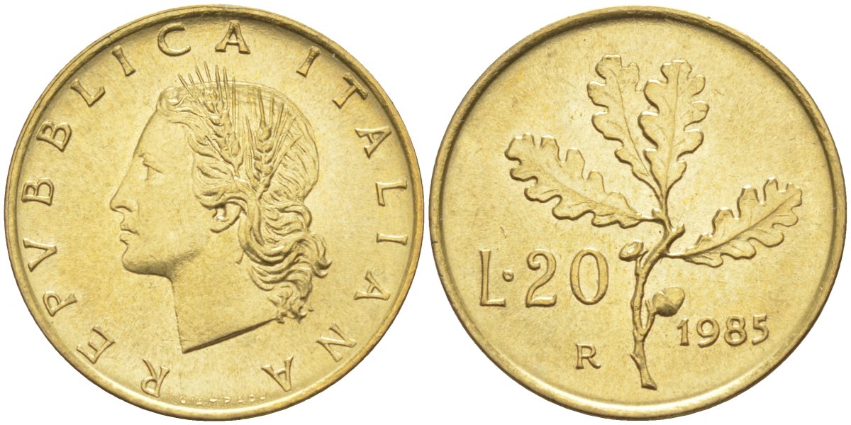Италия 20 лир 1985 R, дубовый лист KM 97.1 алюминиевая бронза 4525-624