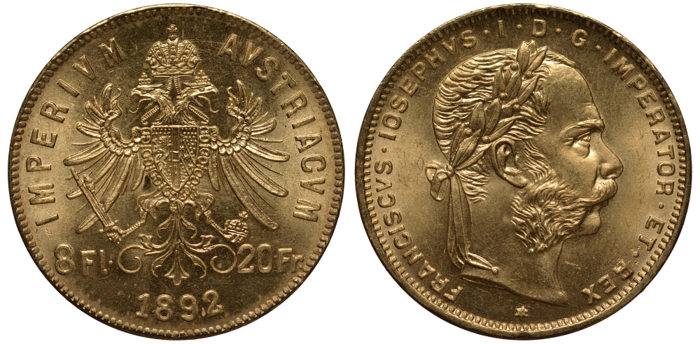Венгрия 20 франков - 8 форинтов 1892 Франц Иосиф KM 477 золото UNC 00-000-00