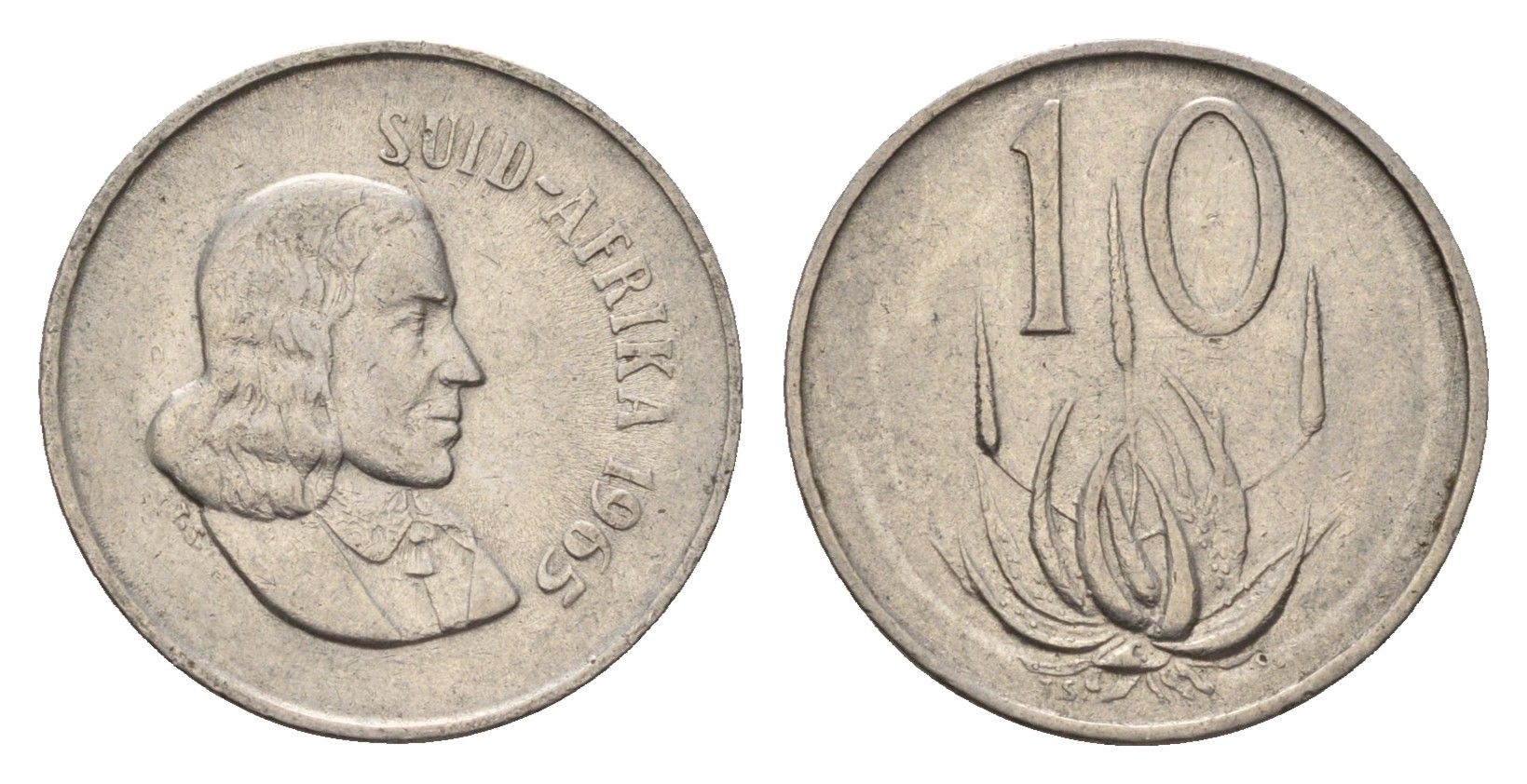 ЮАР 10 центов 1965 Ян ван Рибек (1619-1677), Suid Africa, легенда на африкаанс, цветок алоэ KM 68.2 никель 4687-334
