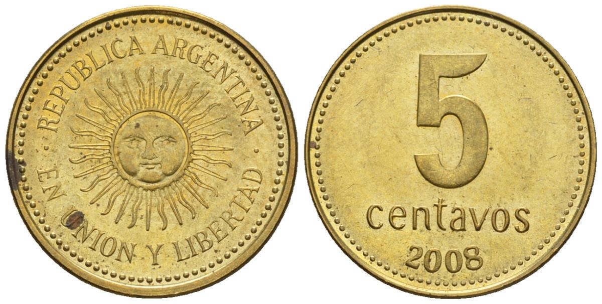 Аргентина 5 сентаво 2008 майское солнце KM 109b, CJ 2, Schon 109b сталь плакированная латунью 4609-1245