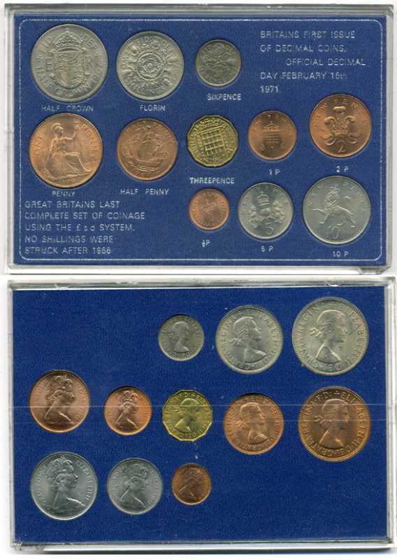 Великобритания набор из 11 монет 1967-1971 переход с двенадцатеричной  денежной системы на десятичную, в пластиковой упаковке UNC 3-6-4-8