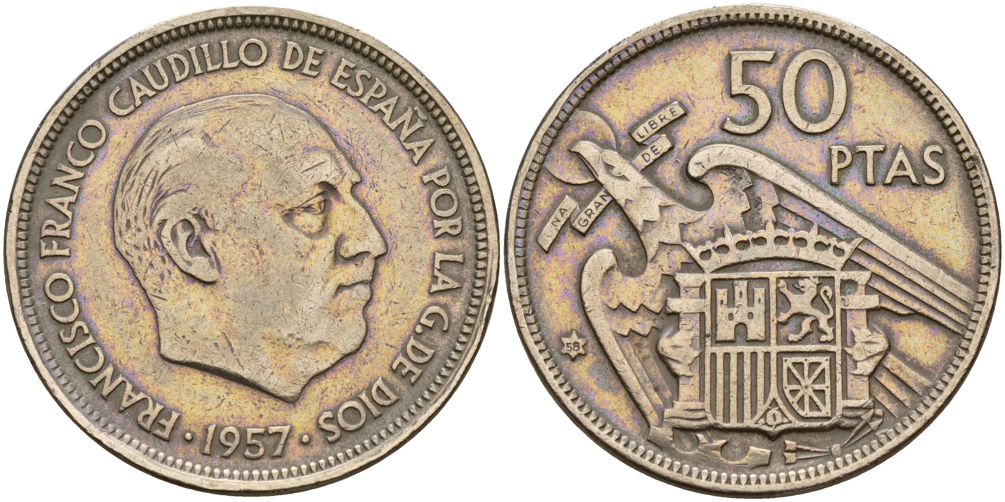 Испания 50 песет 1957 (58) Франсиско Франко (1939-1975) KM 788 медно-никель    180-232