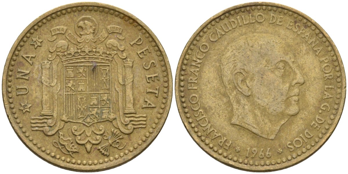 Испания 1 песета 1966 (71) Франсиско Франко (1939-1975) KM 796 алюминиевая бронза 4604-121
