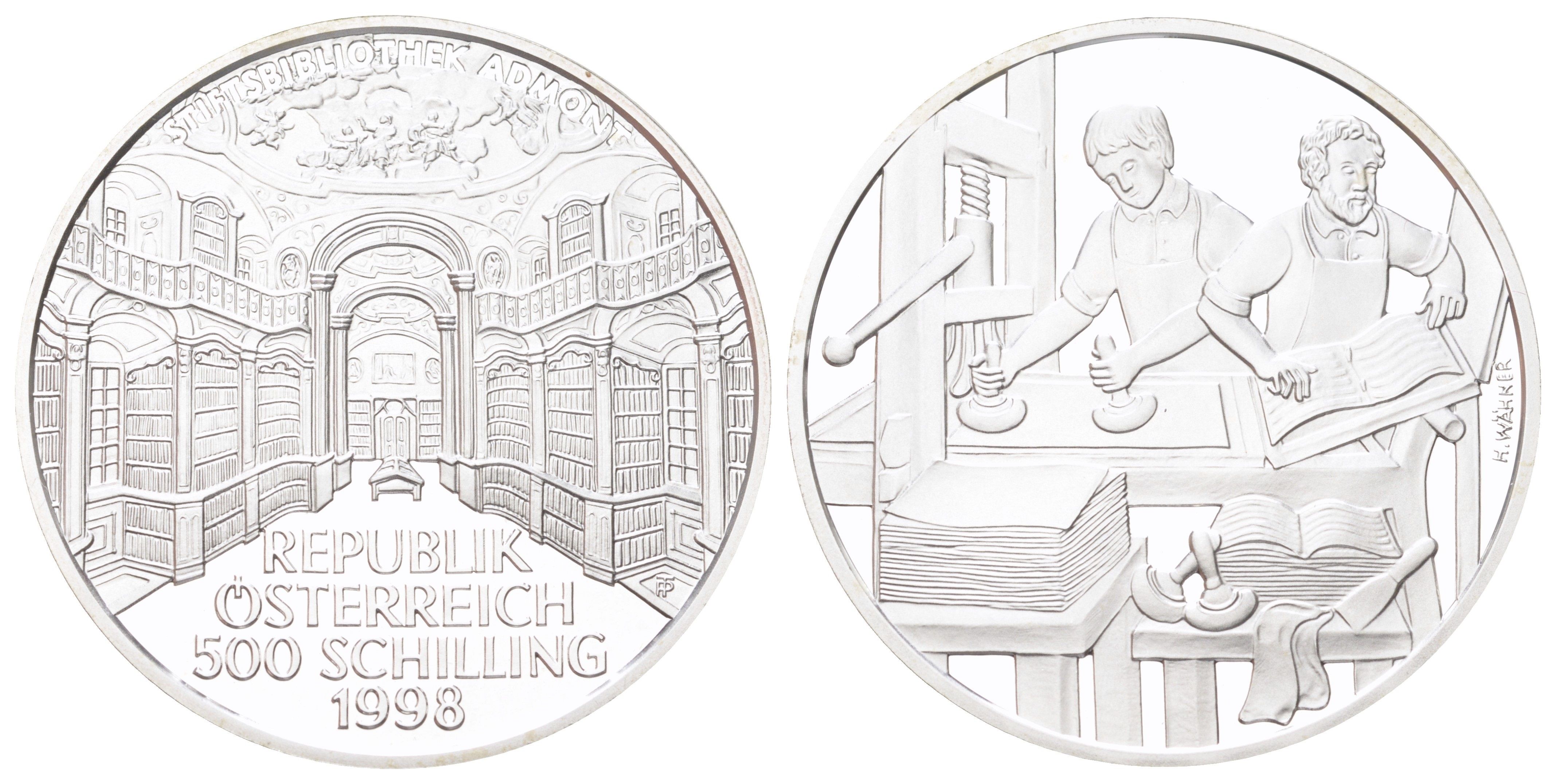 Австрия 500 шиллингов 1998 Книгопечатание, Библиотека аббатства Адмонт, печатники, в оригинальной упаковке, с сертификатом KM 3049 серебро PROOF 8-2-05-25