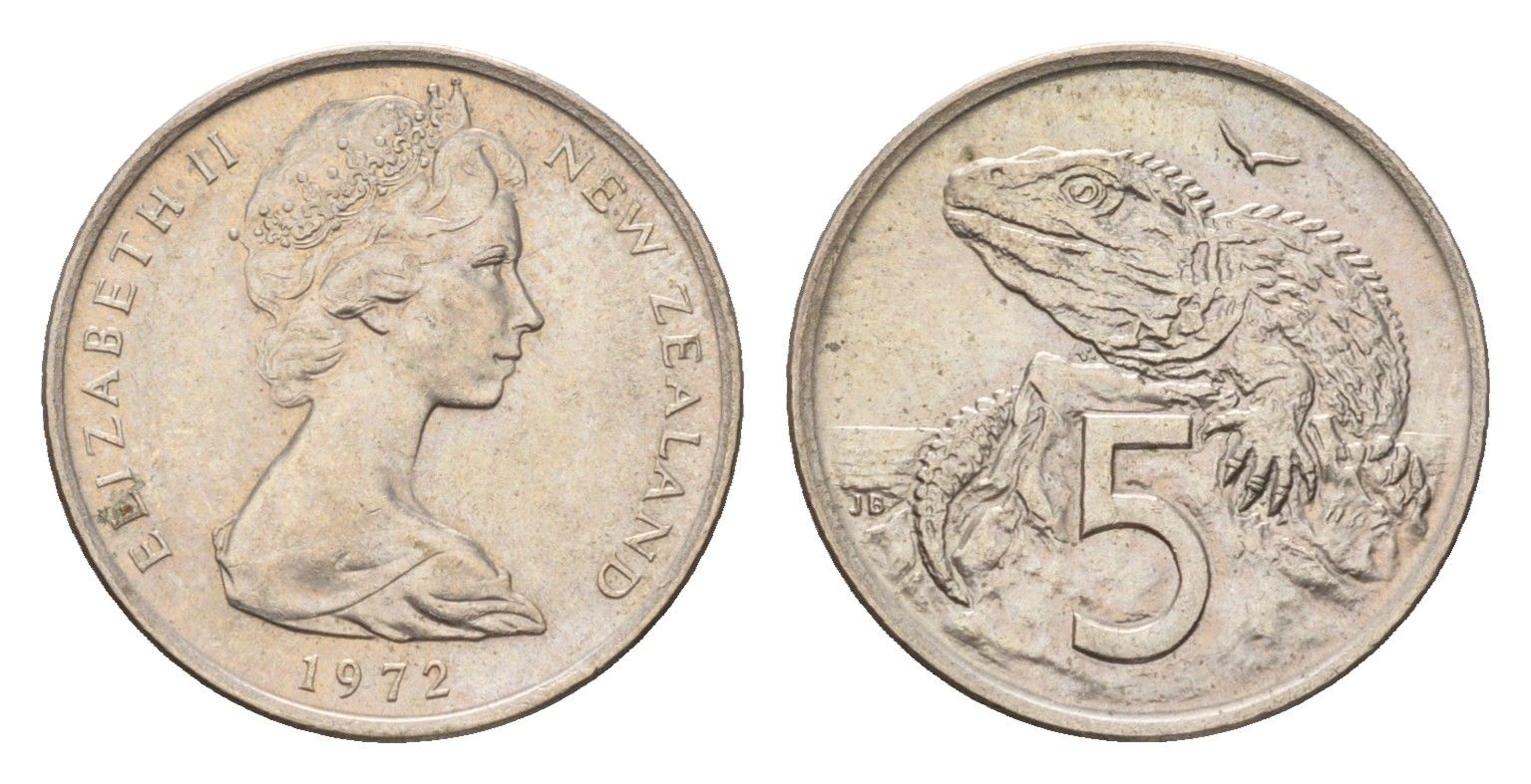 Новая Зеландия 5 центов 1972 Елизавета II (1952-2022), ящерица гаттерия KM 34.1 медно-никель UNC 4669-1166