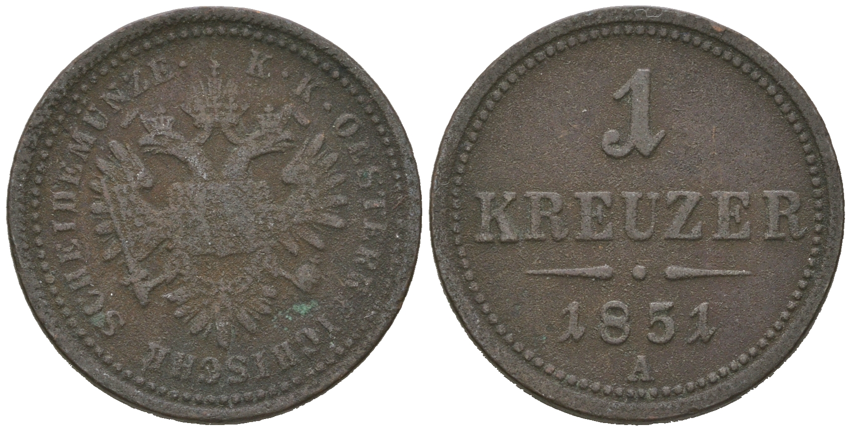 Австрия 1 крейцер 1851 A, Франц Иосиф I (1848-1916) KM 2185 медь 4641-644