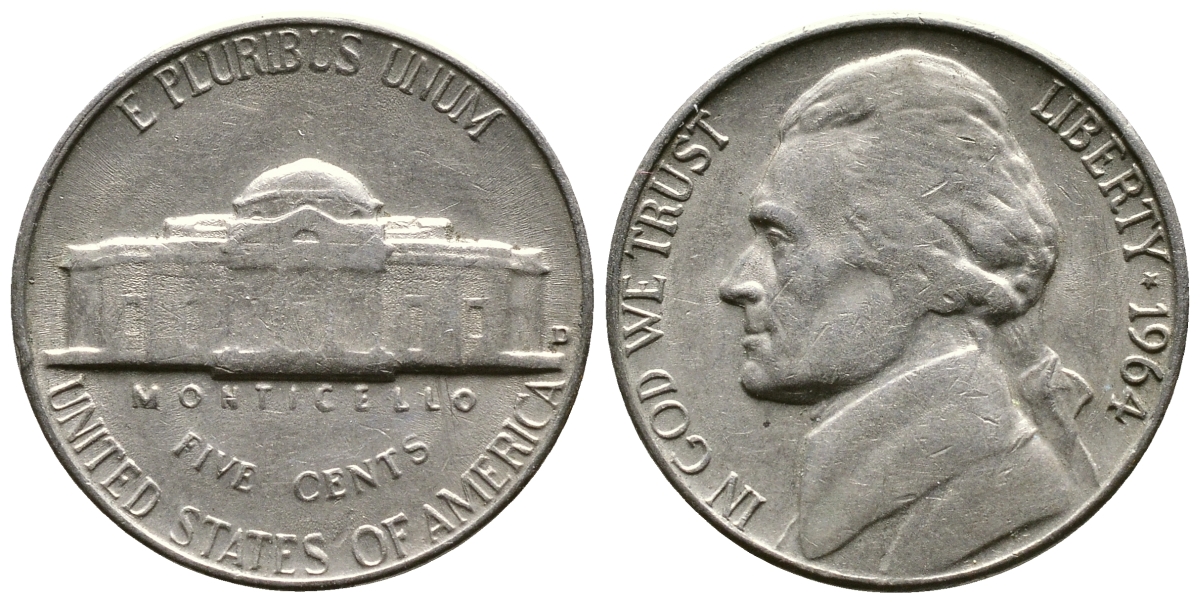 США 5 центов 1964 D, Джефферсон KM А192 медно-никель 08-937