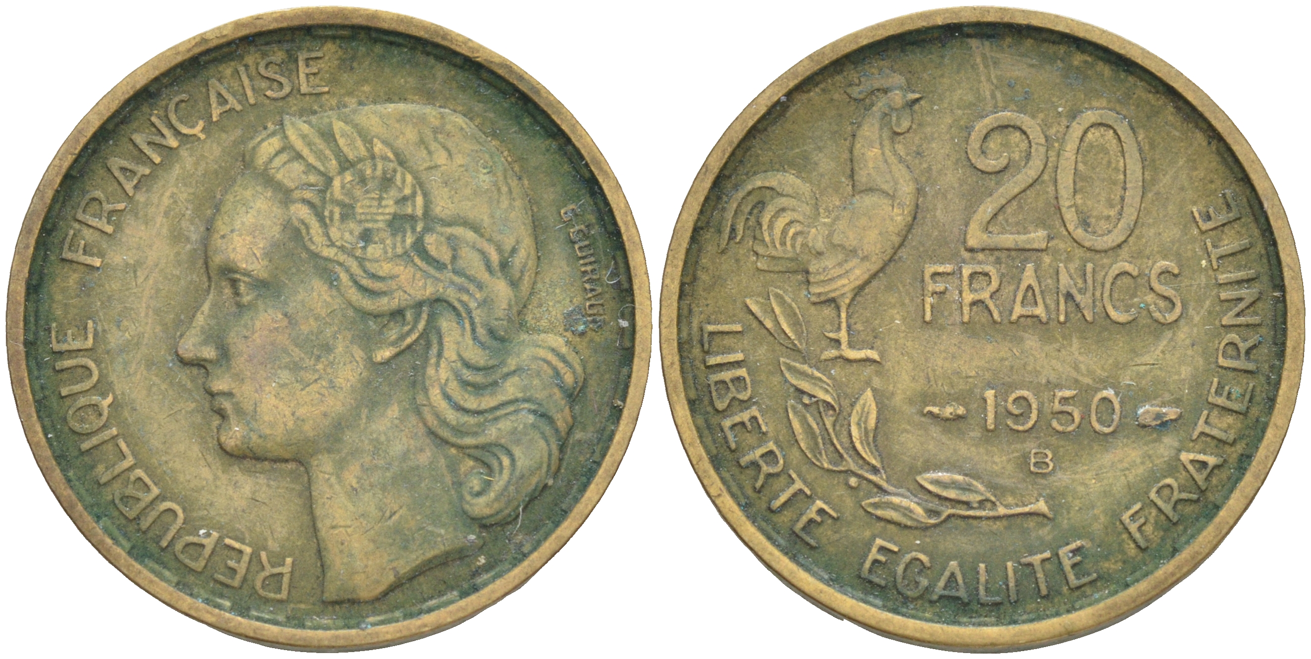ФРАНЦИЯ 20 ФРАНКОВ 1950 В, 4 ПЕРА KM 917.2, LE FRANC 402.4 алюминиевая бронза 4556-153