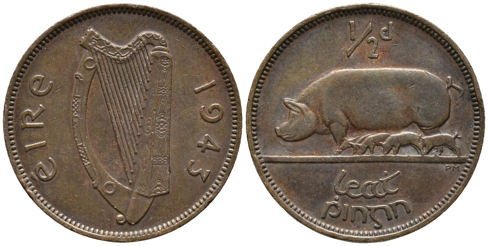 ИРЛАНДИЯ 1/2 ПЕННИ 1943 СВИНЬЯ С ПОРОСЯТАМИ KM 10 бронза 34-921