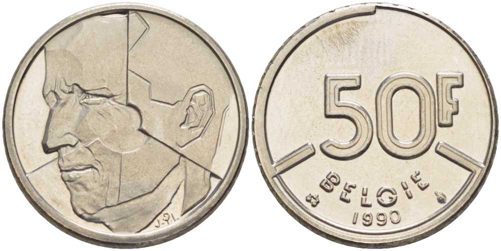 БЕЛЬГИЯ 50 ФРАНКОВ 1990 BELGIE, БОДУЭН I (1951-1993) KM 169 никель 4384-146