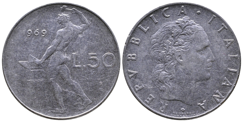 ИТАЛИЯ 50 ЛИР 1969 R, КУЗНЕЦ KM 95.1 сталь 3333-345