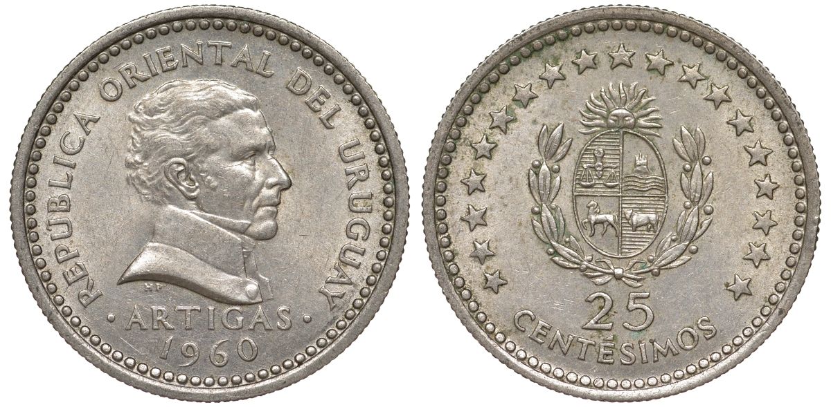 Уругвай 25 сентесимо 1960 KM 40 медно-никель 4532-246