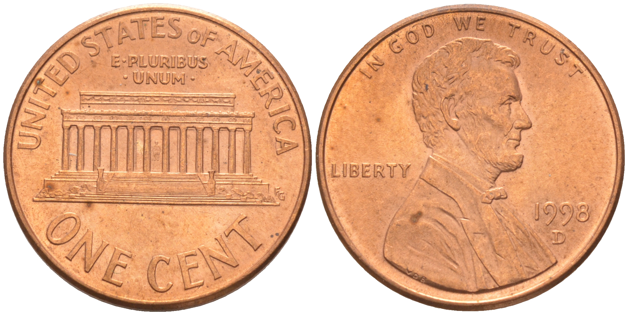 США 1 ЦЕНТ 1998 D ЛИНКОЛЬН KM 201b цинк плакированный медью UNC 187-1165