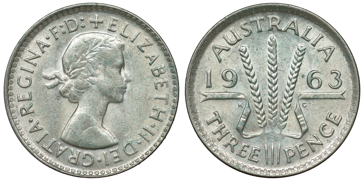 Австралия 3 пенса 1963 m, Елизавета II (1952-2022) KM 57 серебро 71-835