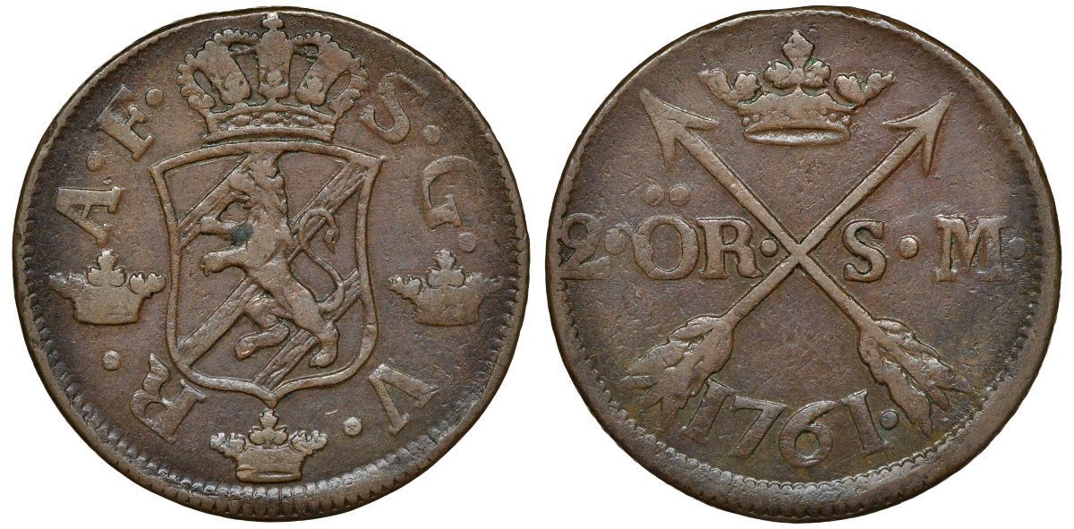 Швеция 2 эре 1761 S.M. диаметр 34 мм, вес 28,3 гр KM 461 медь 4179-323