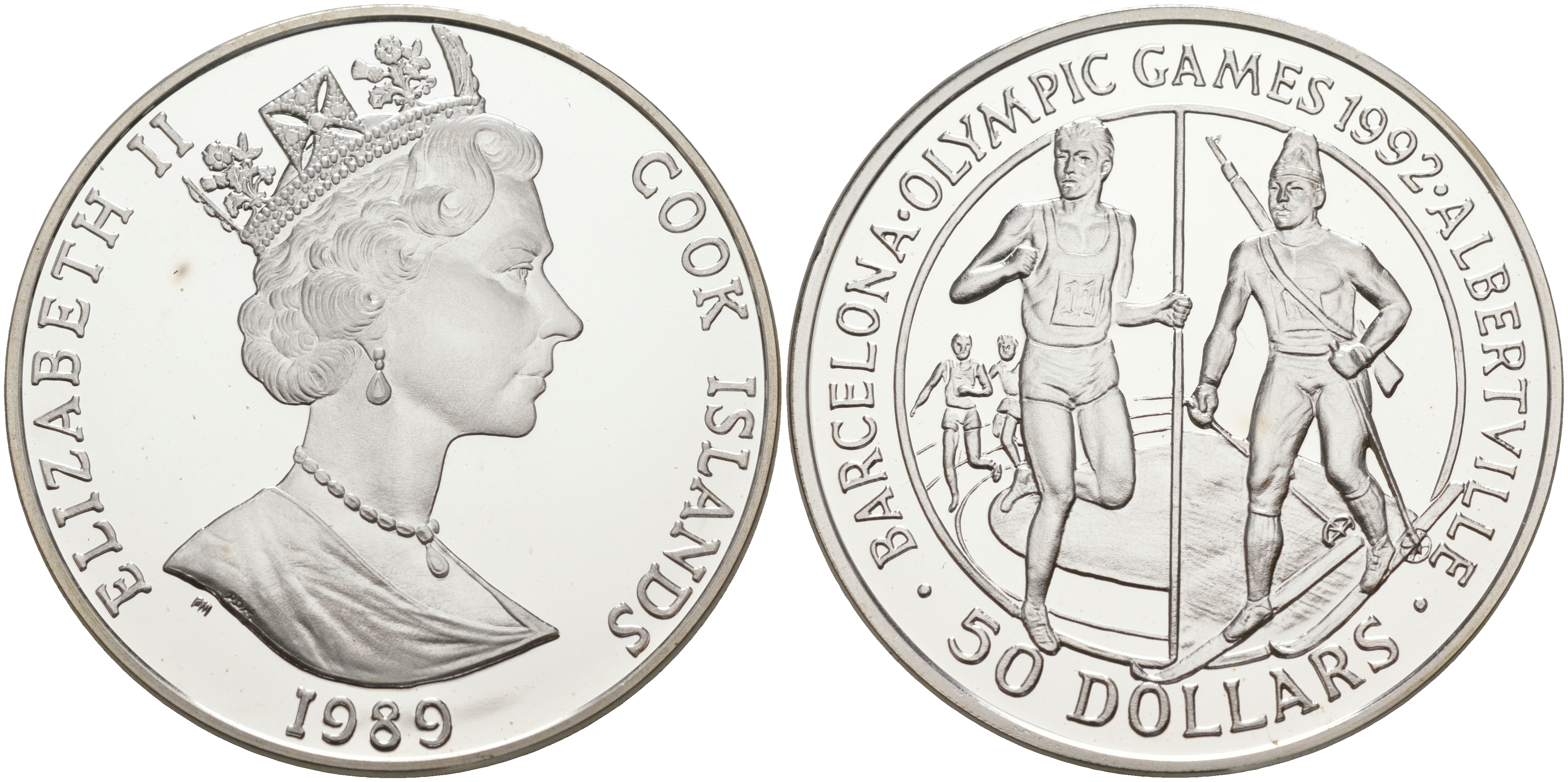 Острова Кука 50 долларов 1989 XXV летние Олимпийские игры 1992 года в Барселоне и XVI Зимние Олимпийские игры 1992 в Альбервиле KM 60 серебро PROOF 1091-9-33