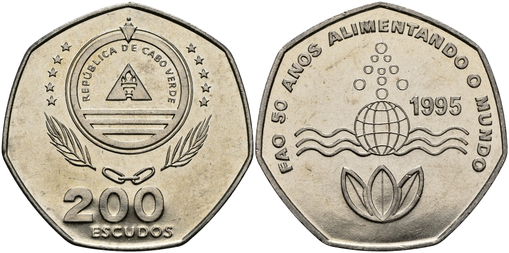 Кабо-Верде 200 эскудо 1995 50 лет FAO KM 34 медно-никель UNC 3333-915