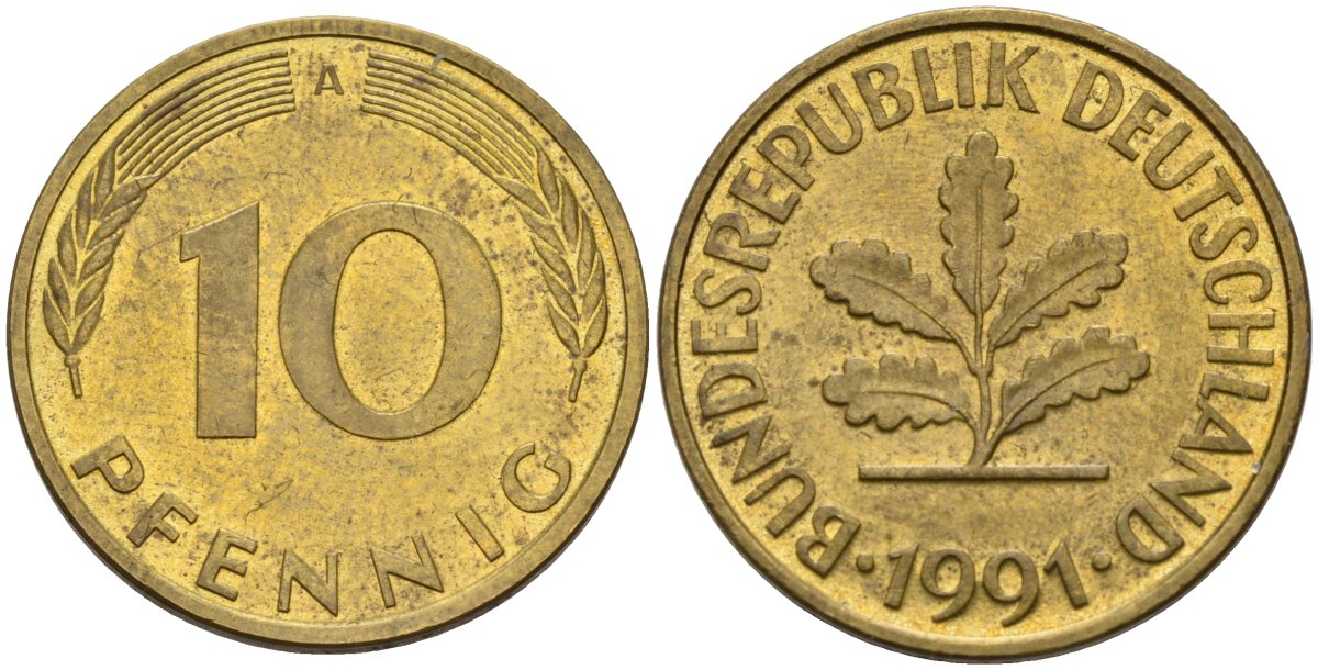 ФРГ 10 пфеннигов 1991 A KM 108, J. 383 сталь плакированная латунью 4175-355