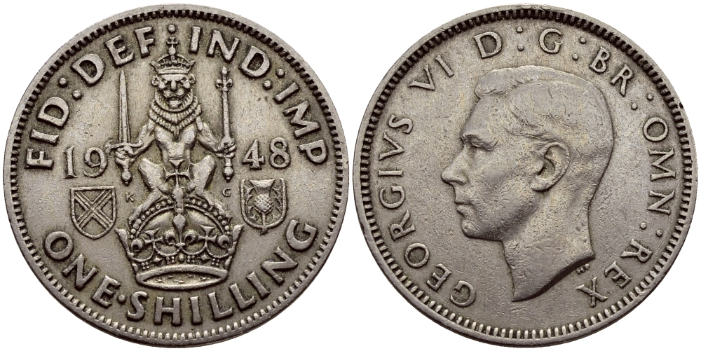 Великобритания 1 шиллинг 1948 Георг VI (1936-1952), Шотландский герб KM 864, Spink 4104 медно-никель 80-225