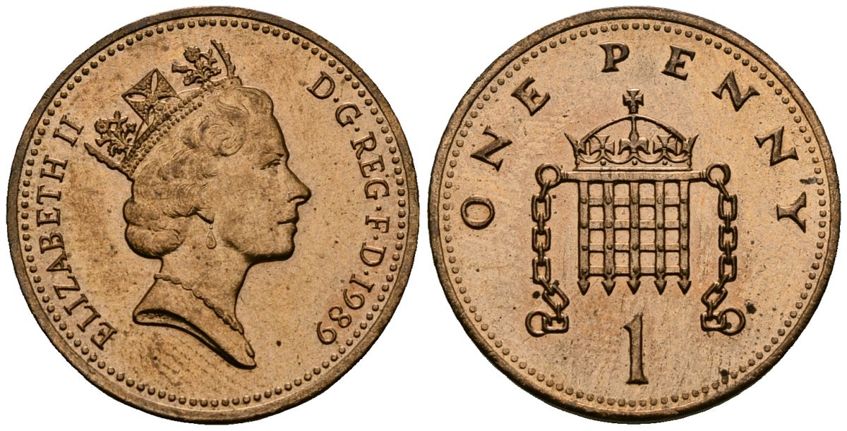 Великобритания 1 пенни 1989 Елизавета II (1952-2022) KM 935, Spink 4381 (B3) бронза 4176-621