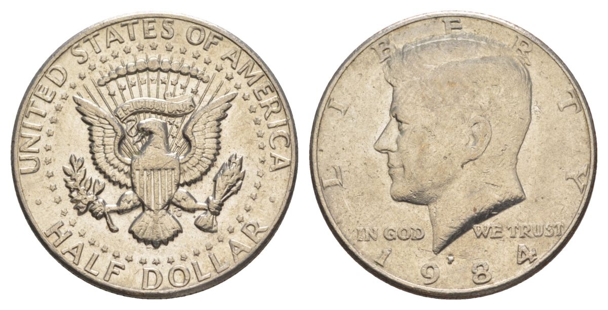 США 1/2 доллара (50 центов) 1984 P, Джон Кеннеди KM A202b медь плакированная медно-никелем aUNC 4517-612