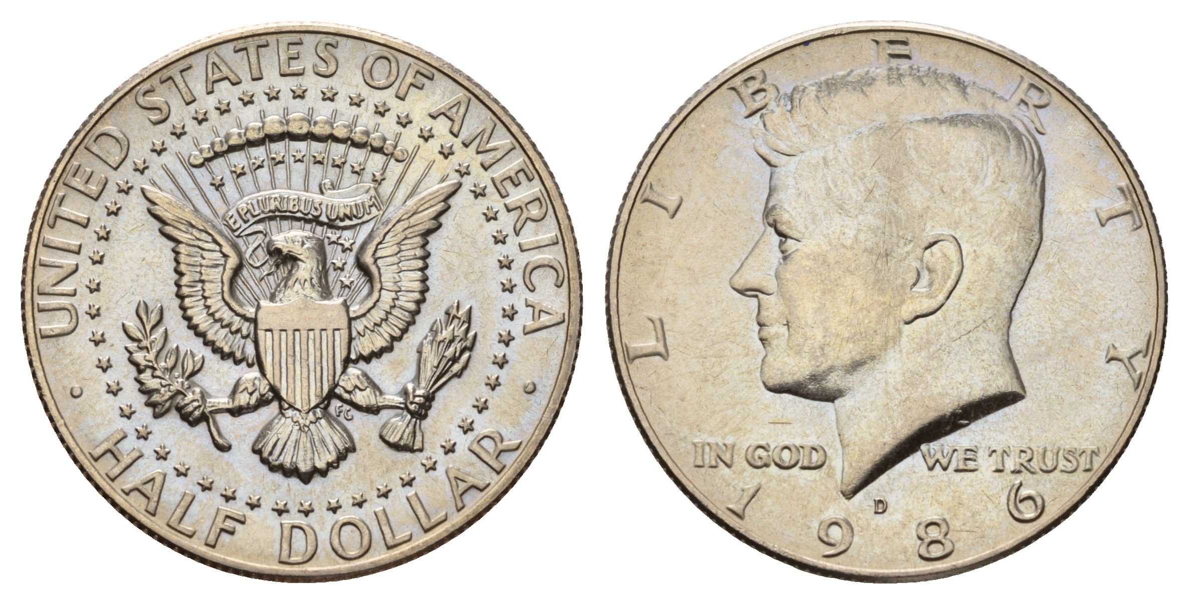 США 1/2 доллара (50 центов) 1986 D, Джон Кеннеди KM A202b медь плакированная медно-никелем UNC 4672-626