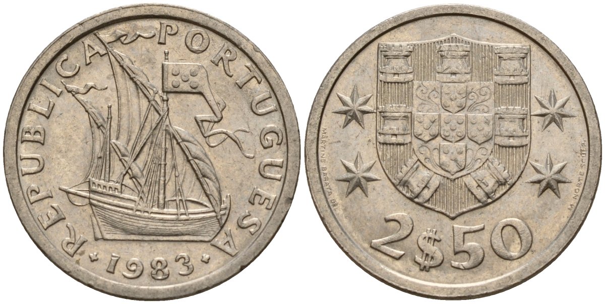 Португалия 2,5 эсукдо 1983 KM 590 медно-никель 4154-1041