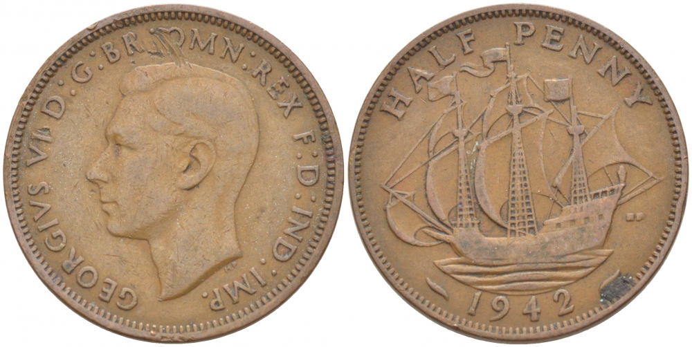 Великобритания 1/2 пенни 1942 Георг VI (1936-1952) KM 844, Spink 4115 бронза 212-1216