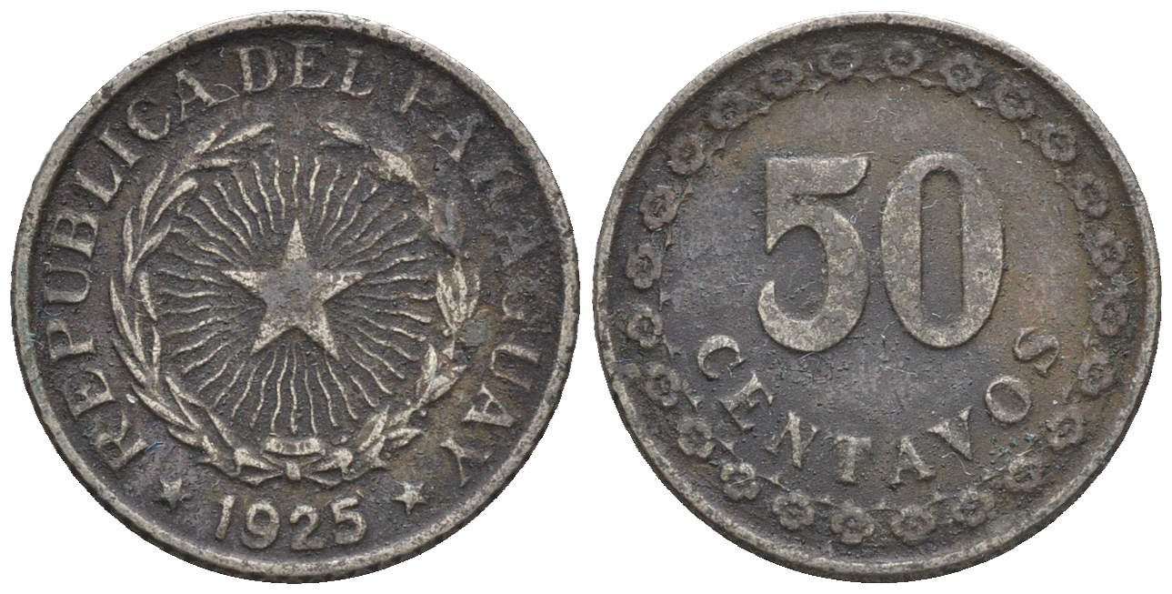Парагвай 50 сентаво 1925 год тип KM 12 медно-никель    220-969