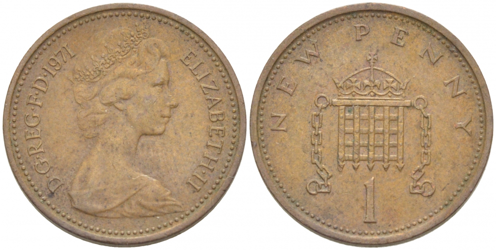 Великобритания 1 пенни 1971 Елизавета II (1952-2022) KM 915, Spink 4237 (B1) бронза 3851-1161