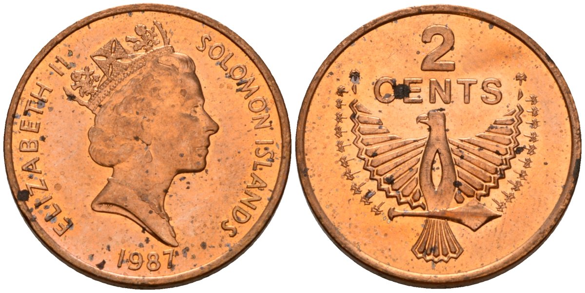 Соломоновы Острова 2 цента 1987 Елизавета II (1953-) KM 25 сталь плакированная бронзой aUNC 4566-316