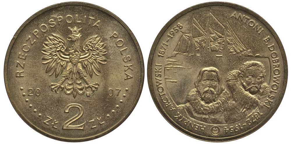 Польша 2 злотых 2007 серия польские путешественники, Генрик Арцтовский и Антони Болеслав Добровольский KM 610 латунь 114-323