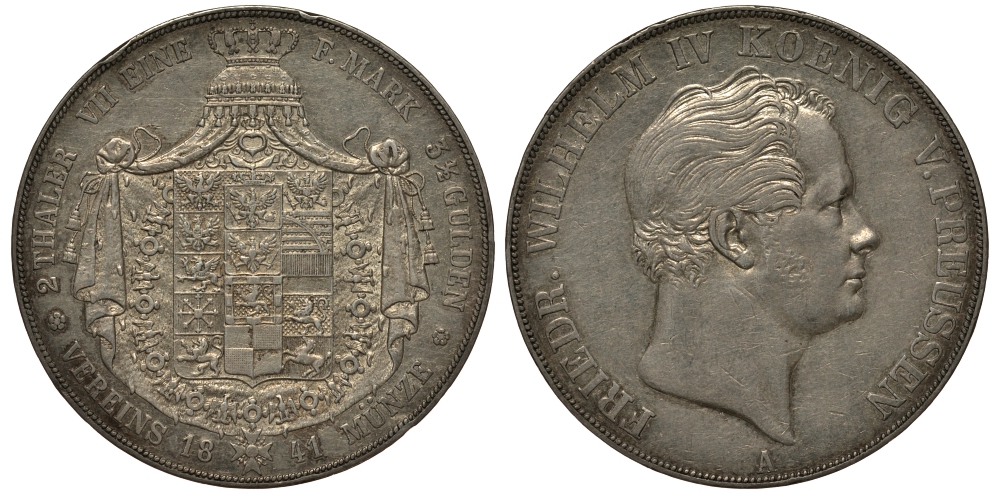 Пруссия 2 талера - 3 1/2 гульдена 1841 КМ 440.1, Jaeger 71 Kahnt 381 Thun 253 AKS 69 серебро 00-819-61