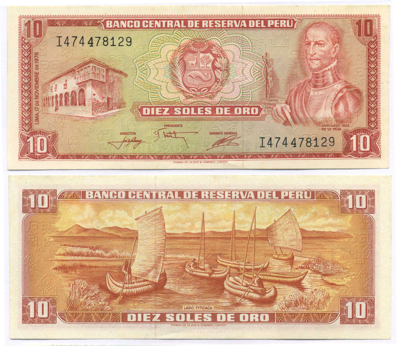 Перу 10 солей 1976 Инка Гарсиласо де ла Вега, озеро Титикака Pick 112 бумага UNC (пресс) 7148-30-3
