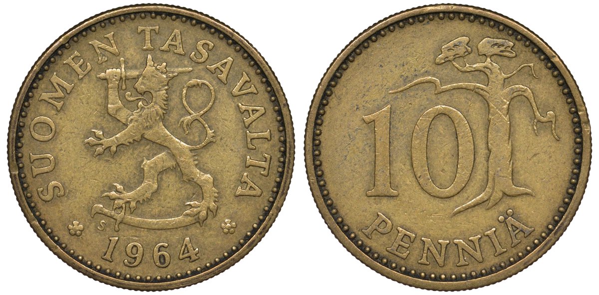 Финляндия 10 пенни 1964 KM 46 алюминиевая бронза 4122-432