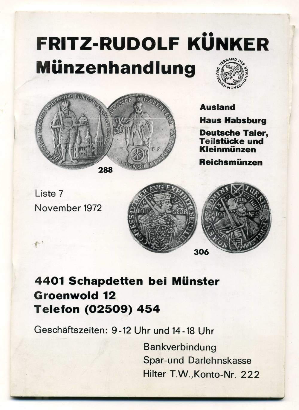 ФРИТЦ-РУДОЛЬФ КЮНКЕР КАТАЛОГ ФИКСИРОВАННЫХ ПРОДАЖ (LAGERKATALOG) 1972 НОЯБРЬ, № 7 00-01-01-07