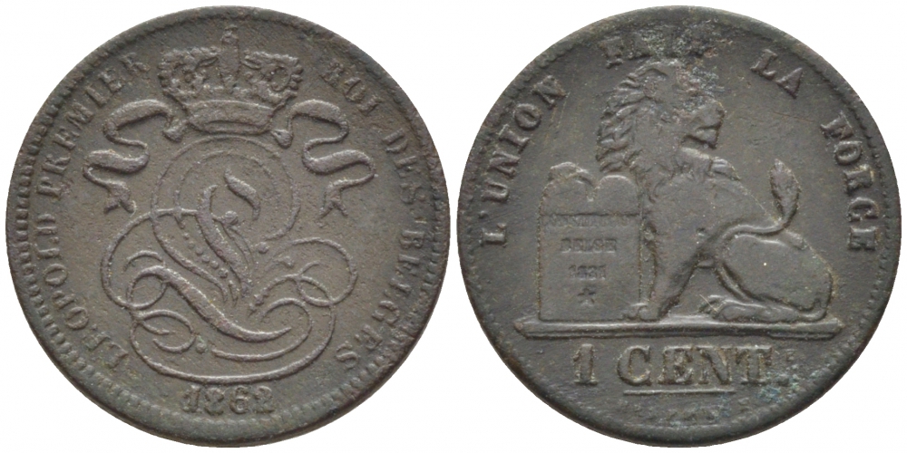 БЕЛЬГИЯ 1 САНТИМ 1862 BELGES KM 1.2 медь 116-714